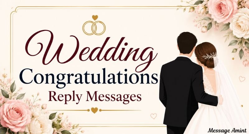 Wedding Congratulations Reply Messages banner featuring a bride and groom with an elegant wedding-themed design, ideal for thank-you replies to wedding congratulations, heartfelt appreciation messages, and wedding thank-you responses.