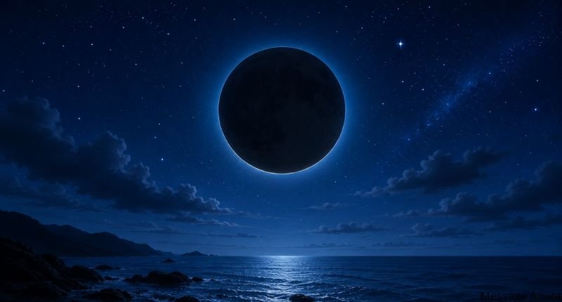 New moon illustration showing a dark moon silhouette with a faint glowing outline in a starry night sky above a calm ocean.