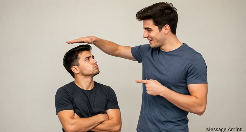 A tall person playfully teasing a shorter friend with lighthearted expressions during a friendly conversation, illustrating good-natured joking between close friends.