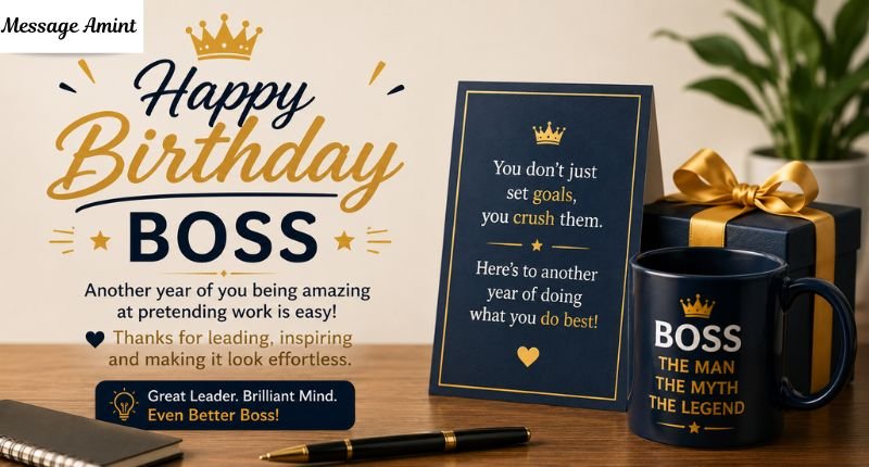 Happy Birthday Boss funny wishes banner with greeting card and corporate mug by Message Amint