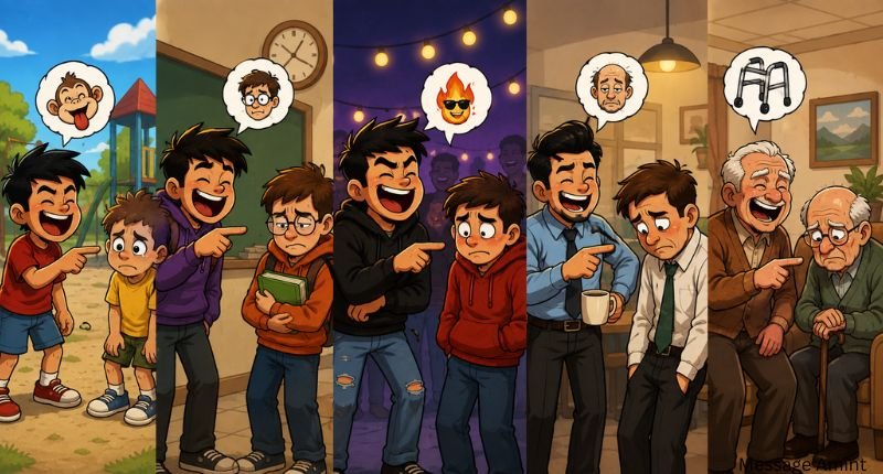Age and Rhyming Roasts cartoon illustration showing funny roasting from childhood to old age across different life stages