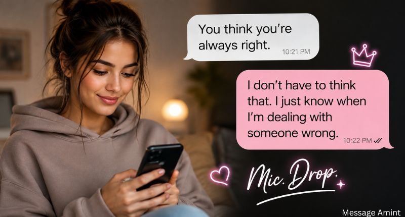 A girl confidently texting a clever comeback to shut someone up with a bold and witty response.
