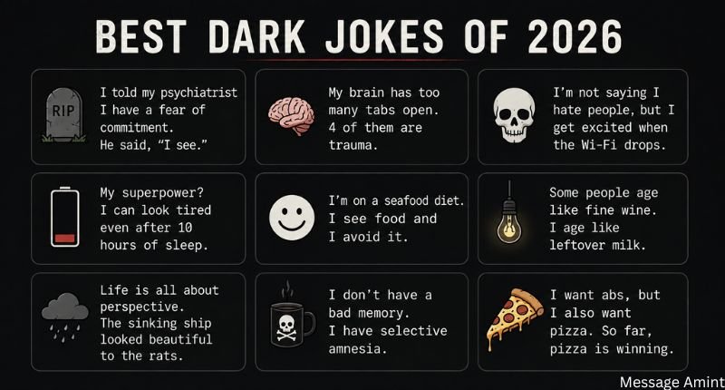 Dark infographic with multiple boxed dark humor jokes, each paired with a small icon on a black background for easy reading.