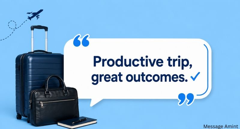 Business trip reply “Productive trip, great outcomes.” with luggage, briefcase, and airplane graphic.