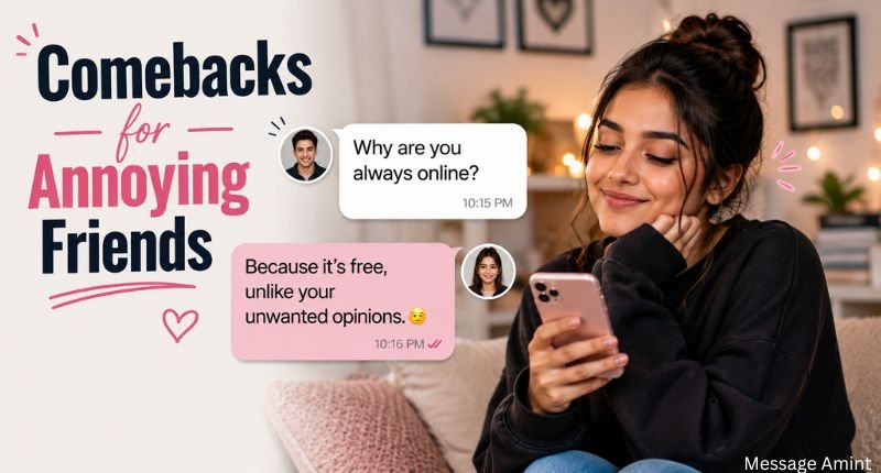 A girl smiling while texting funny comebacks to shut up an annoying friend with a clever reply.