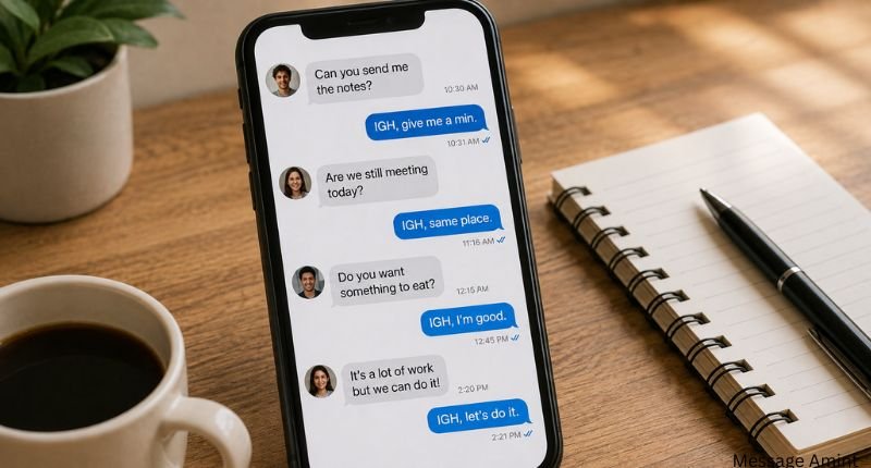 Smartphone displaying common IGH text message examples in everyday conversations