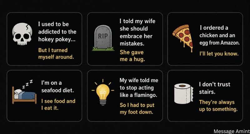 Black-themed graphic displaying six short dad jokes in separate boxes with simple cartoon icons and clear, readable text.