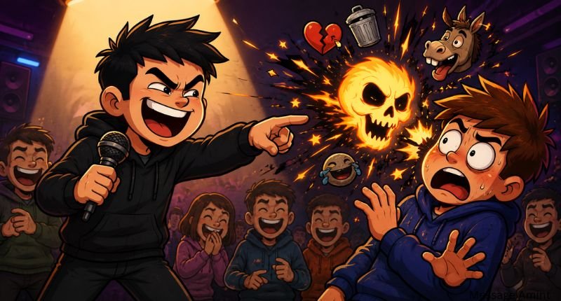 Extra Savage Roasts Ultimate Burns cartoon illustration featuring an intense roast battle with exaggerated reactions