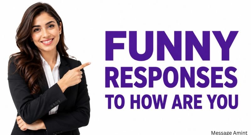 Funny responses to how are you with smiling professional woman pointing at heading