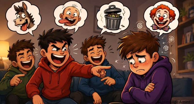 Funny Roasts That Hurt cartoon image with two friends exchanging silly and sharp rhyming roasts
