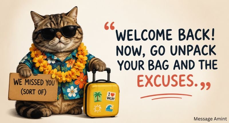 Funny welcome back messages quote card with a playful joke in a clean, colorful design.