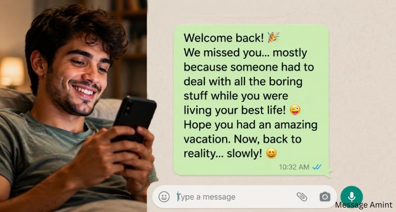 Funny welcome back messages by occasion shown in a colorful chat-style conversation.
