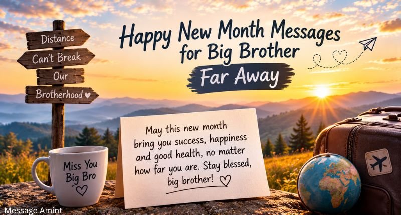 Happy New Month Messages for Big Brother Far Away with a sunrise, mountains, travel suitcase, and greeting card