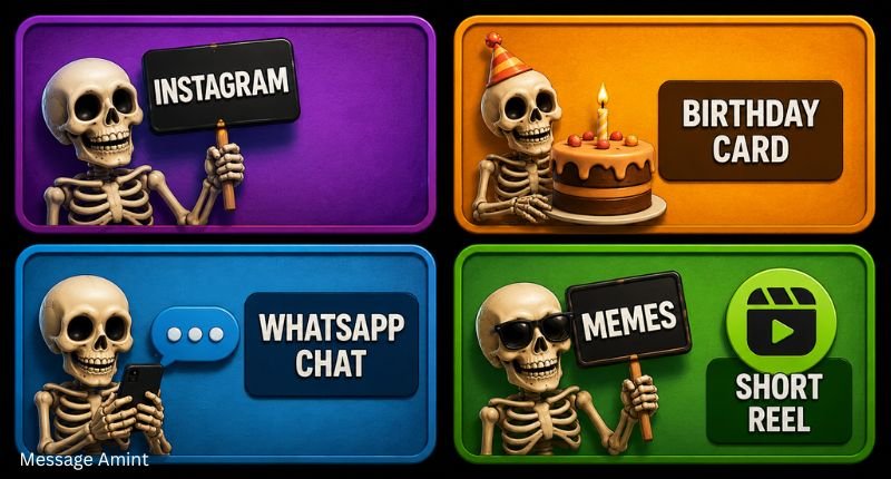 Illustration showing four colorful Dark Humor Jokes sharing formats including Instagram, birthday card, WhatsApp chat, memes, and short reel displayed in separate creative boxes with skeleton characters.