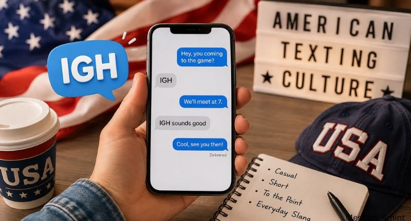 Smartphone showing IGH in a casual conversation with American texting culture elements and USA background