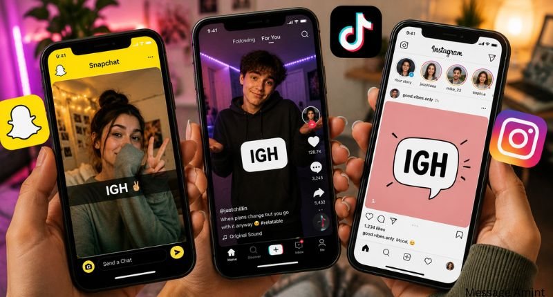 Three smartphones showing IGH used across Snapchat, TikTok, and Instagram social media platforms