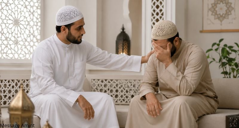 Islamic condolence etiquette showing a Muslim offering comfort and support during grief