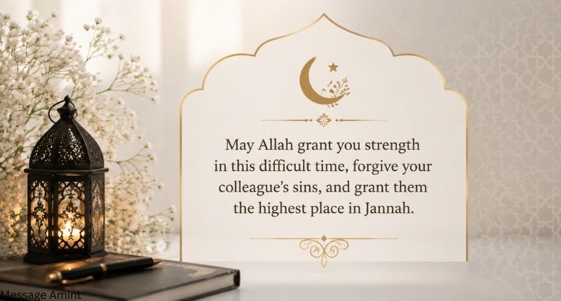 Islamic condolence message for a colleague with a professional sympathy quote card and Islamic-inspired background