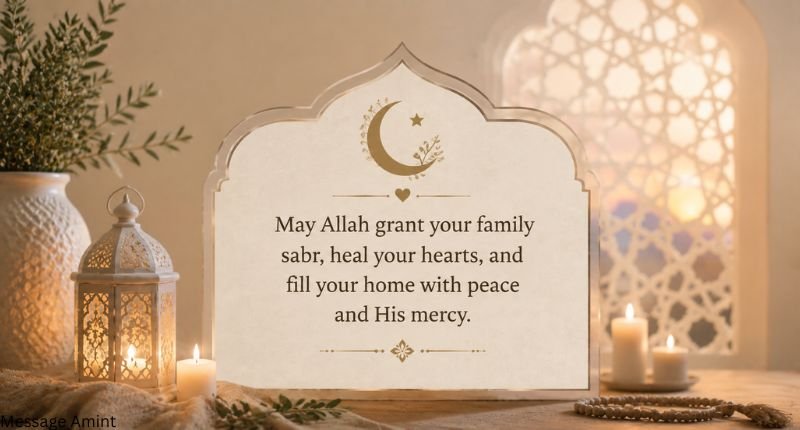 Islamic condolence message for family with sabr prayer quote card, lantern, candles, and peaceful Islamic decor