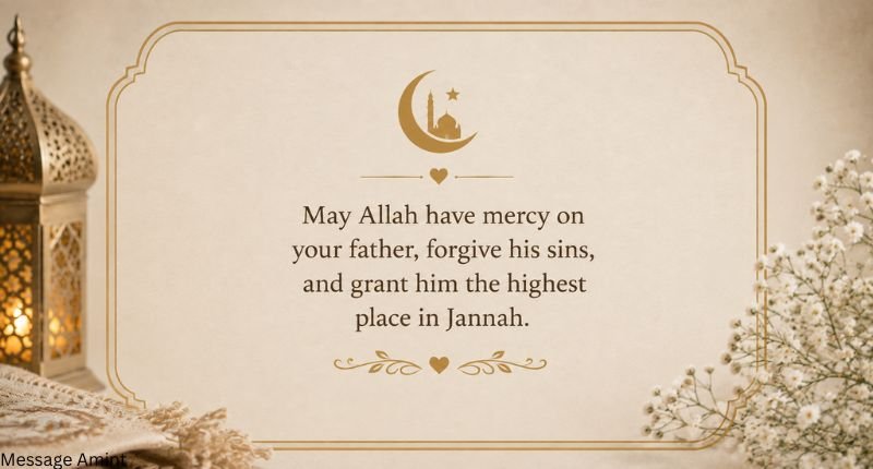 Islamic condolence message for loss of father with a peaceful Islamic prayer card and mercy quote