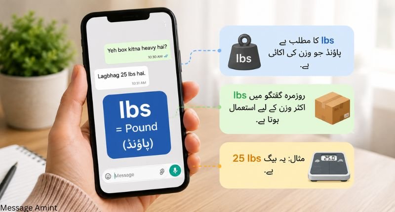 LBS meaning in text in Urdu showing pound meaning and a smartphone chat example