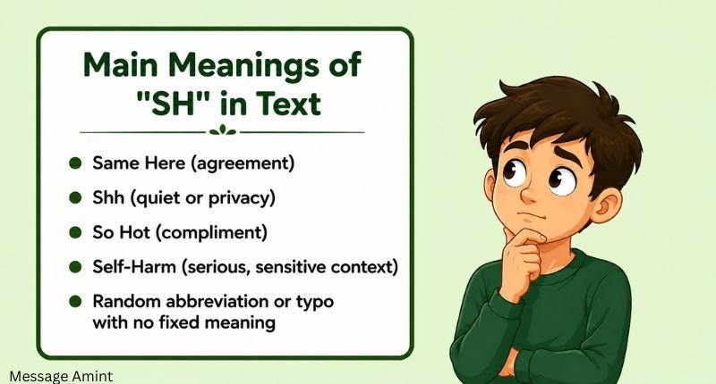 Main meanings of SH in text including Same Here, Shh, So Hot, Self-Harm, and random abbreviation