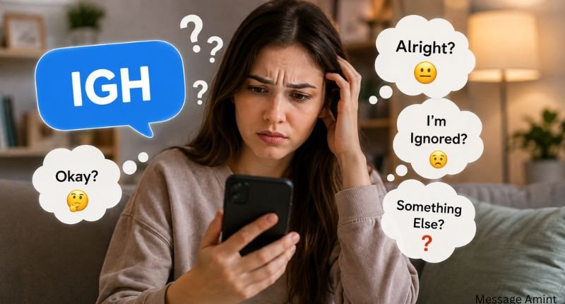 Confused woman reading an IGH text message with different possible meanings shown in thought bubbles