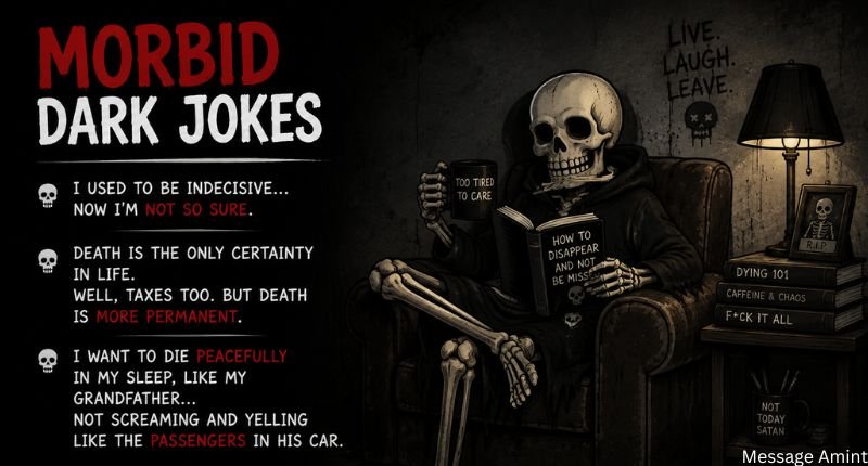 Morbid dark jokes illustration showing a relaxed skeleton sitting in an armchair with eerie decor, creating a humorous horror-themed atmosphere.