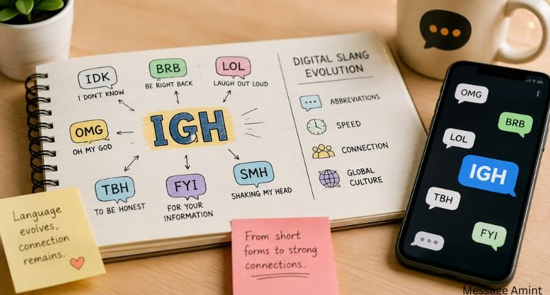 IGH surrounded by common digital slang abbreviations showing the evolution of online texting language