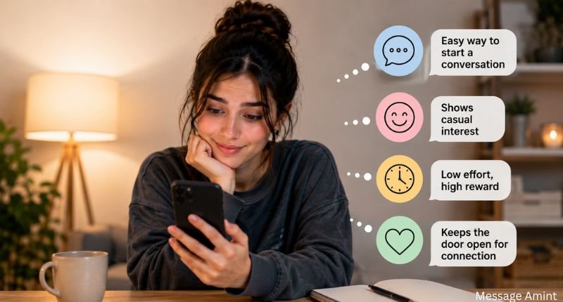 Psychology Behind "Sup" Messages shown through a realistic woman checking her phone with simple icons representing casual conversation, interest, and connection.