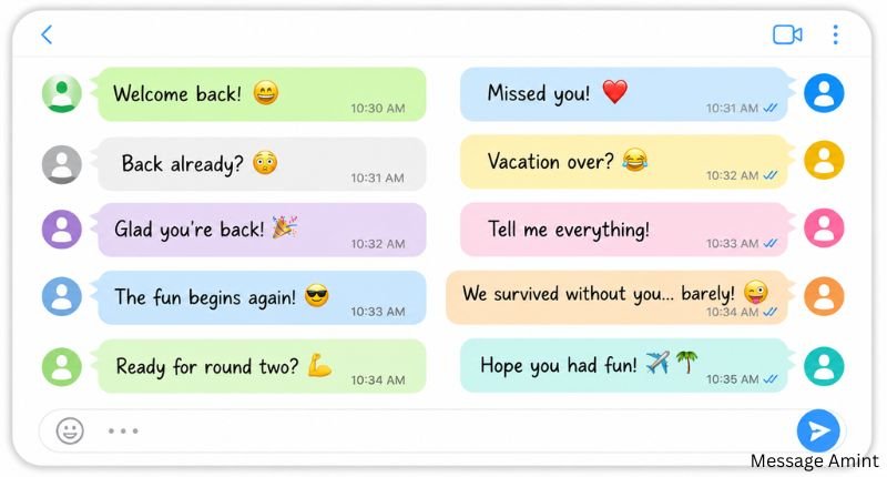 Real-life welcome back message examples displayed in multiple colorful inbox chat bubbles.