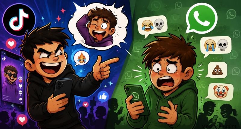 Roasts for Social Media TikTok and WhatsApp cartoon showing playful online roasting in chats and short videos