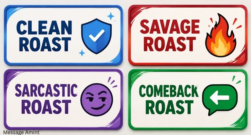 Smart roasting lines infographic showing four colorful category boxes labeled Clean Roast, Savage Roast, Sarcastic Roast, and Comeback Roast with matching icons on a clean white background.