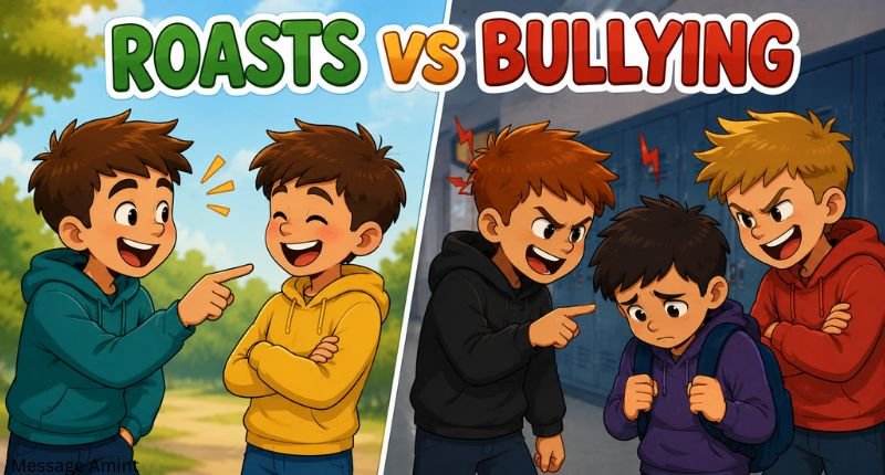 Cartoon illustration of roasts vs bullying with roasts for 9-year-olds kids showing playful teasing versus mean bullying behavior in a simple visual comparison.