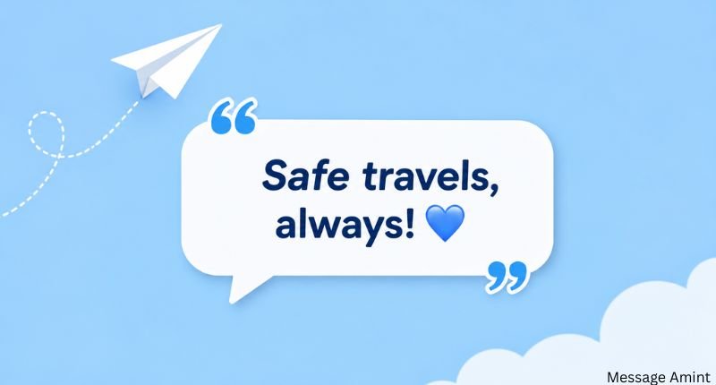 A light-blue background featuring a paper airplane and a safe travel reply reading "Safe travels, always!", perfect for a how was your trip reply.