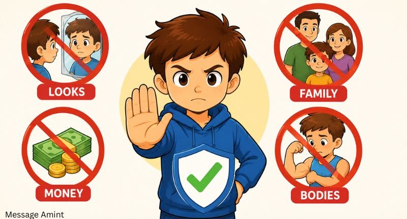 Cartoon safety infographic showing topics to avoid in roasts for 9-year-olds, including looks, family, bodies, and money.