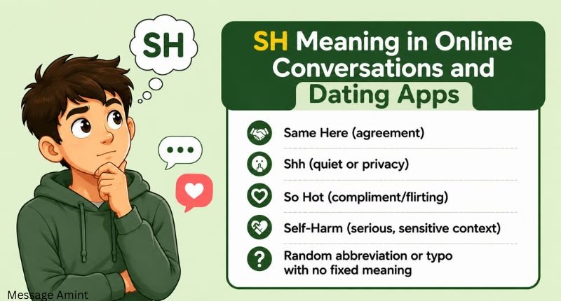 SH meaning in online conversations and dating apps with a thoughtful cartoon boy and chat icons