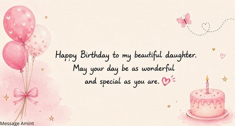 Short beautiful birthday message for daughter with balloons, cake, and pastel decorations