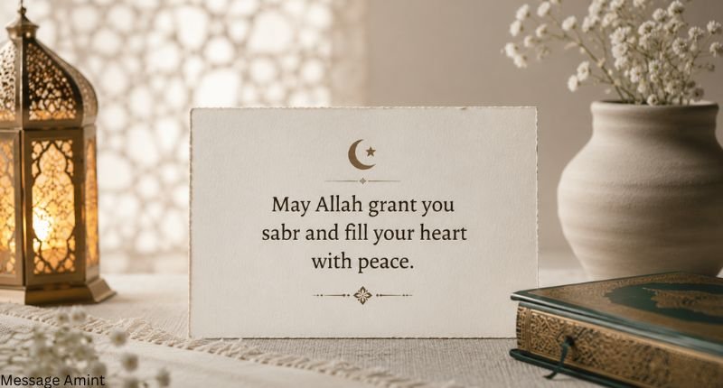 Short Islamic condolence message quote card with a peaceful lantern, flowers, and Quran-inspired design