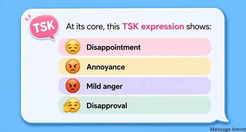 TSK Meaning in Text showing disappointment, annoyance, mild anger, and disapproval with expressive emojis.