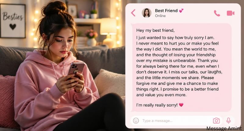 Long Sorry Message for Best Friend β A young woman sitting on her bed and using her mobile phone while writing a heartfelt apology to her best friend in a cozy bedroom.