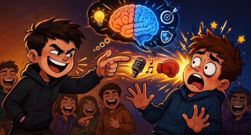 Roasts That Hurt and Rhyme psychology cartoon showing a character laughing while another reacts to a clever rhyming roast