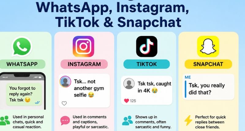 TSK Meaning in Text across WhatsApp, Instagram, TikTok, and Snapchat with examples of casual and sarcastic usage.
