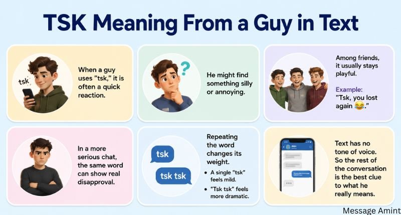 TSK Meaning in Text from a guy showing playful teasing, mild annoyance, serious disapproval, and the difference between tsk and tsk tsk.