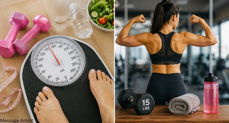 LBS meaning in fitness and health with a weighing scale and workout equipment