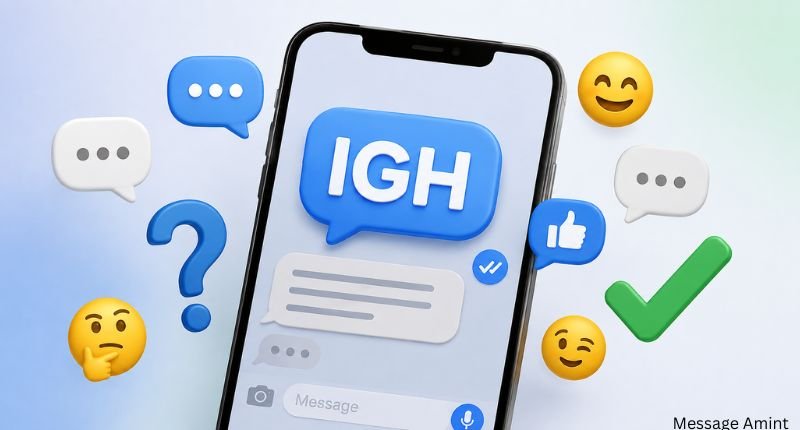 Smartphone showing IGH in a messaging conversation with chat bubbles and digital communication icons