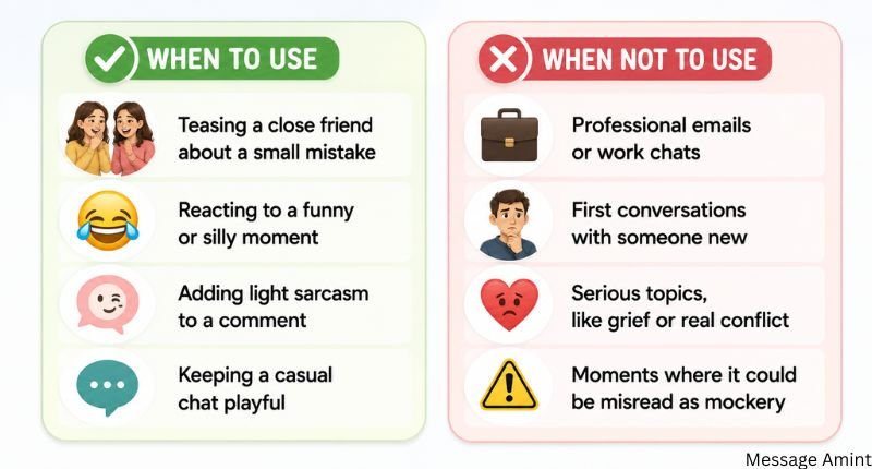 TSK Meaning in Text showing when to use TSK for casual teasing and when not to use it in professional or serious conversations.