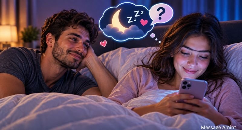 Romantic nighttime bedroom scene with a woman sending a flirty responses to how did you sleep and a man smiling beside her, symbolizing a caring morning conversation about sleep.