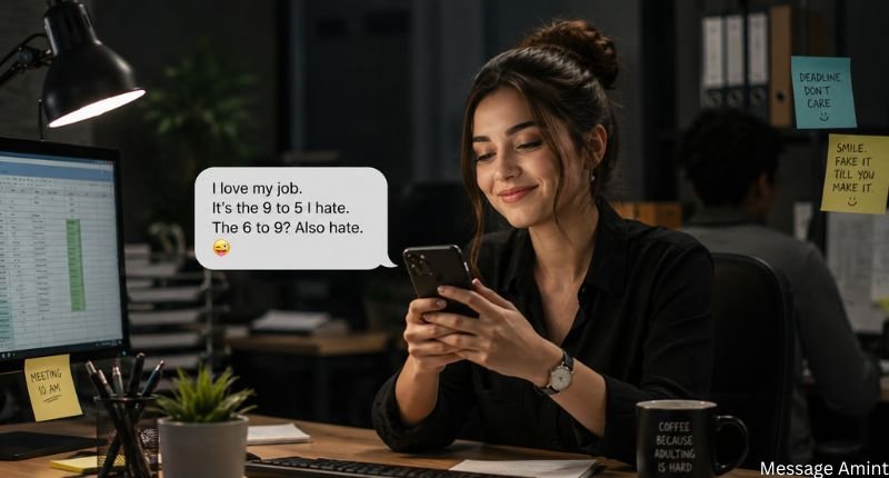 Smiling office worker sending a funny workplace joke on her smartphone while sitting at a desk in a modern office.